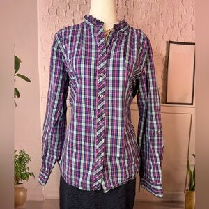 Talbots Purple Plaid Ruffled Collar Button-Down Shirt large